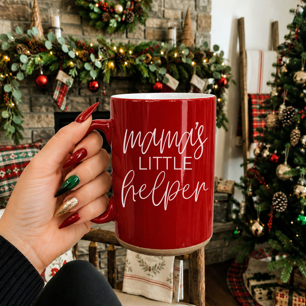 Mama's Little Helper red ceramic coffee mug by Gia Roma with white script text on front on Tampa Home & Garden Store