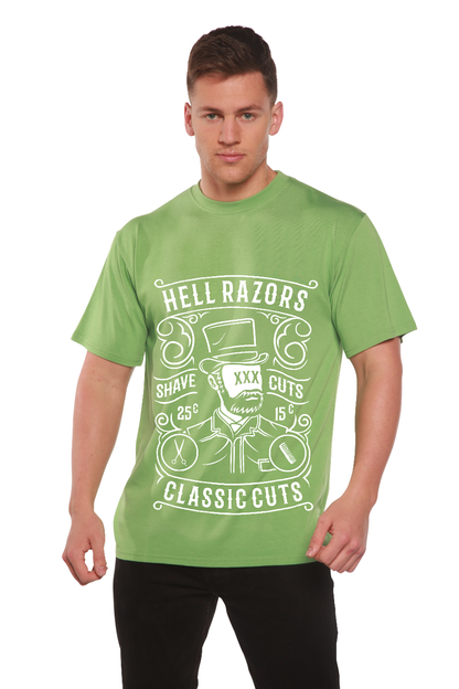 Hell Razors men's bamboo viscose t-shirt in green with vintage barber design by Spun Bamboo on Tampa Home & Garden Store