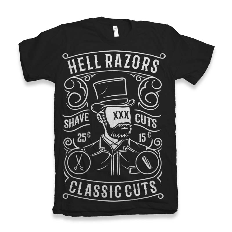 Hell Razors men's graphic tee in black with white top-hat barber design by Spun Bamboo on Tampa Home & Garden Store
