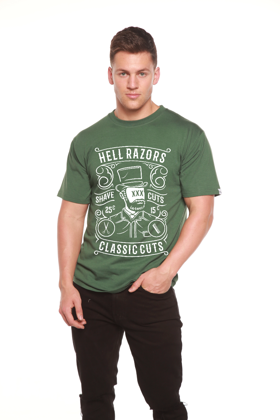Mens green graphic tee by Spun Bamboo, bamboo viscose/organic cotton Hell Razors print on Tampa Home & Garden Store