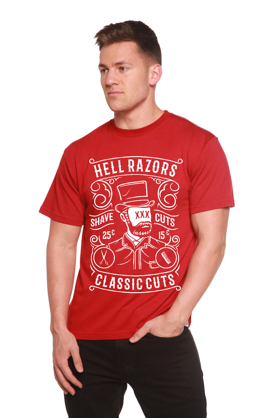 Hell Razors red graphic tee bamboo viscose organic cotton short sleeve with white barber design on Tampa Home & Garden Store