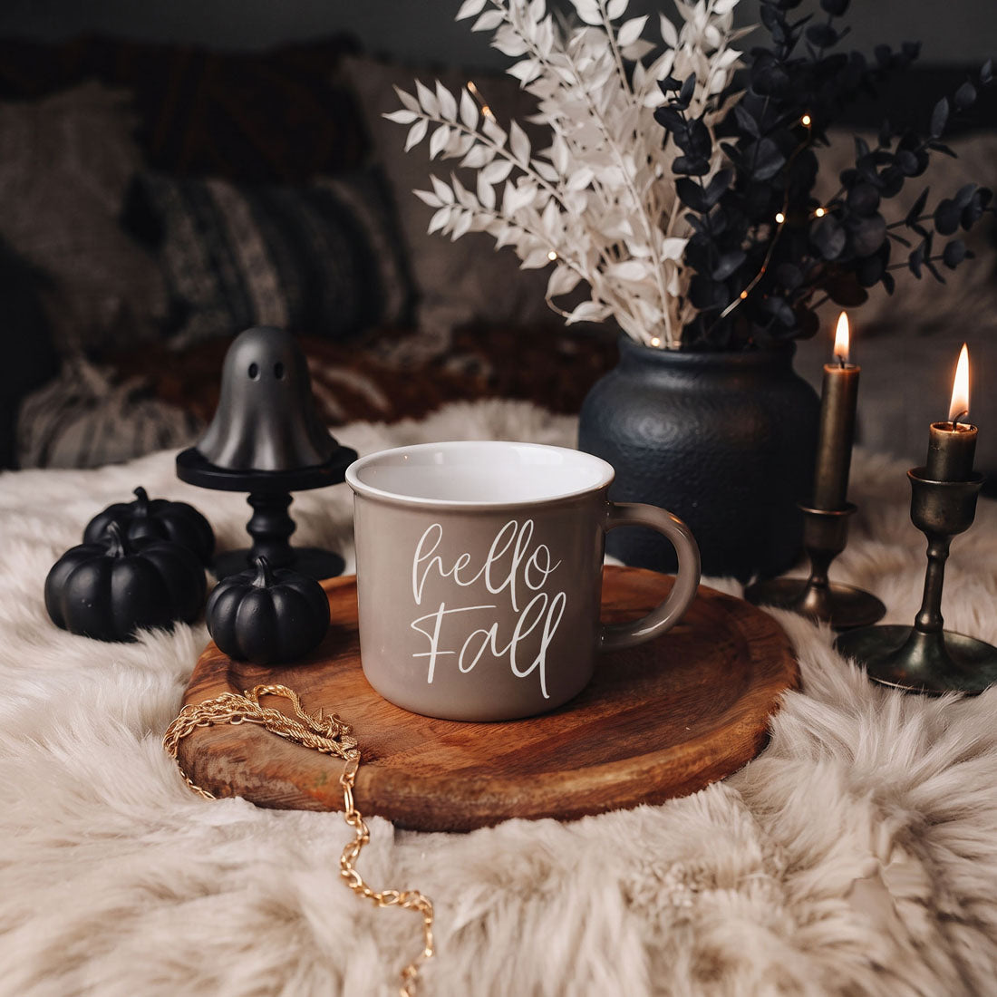 Hello Fall mug Gia Roma taupe ceramic coffee mug with white script on wood board on Tampa Home & Garden Store