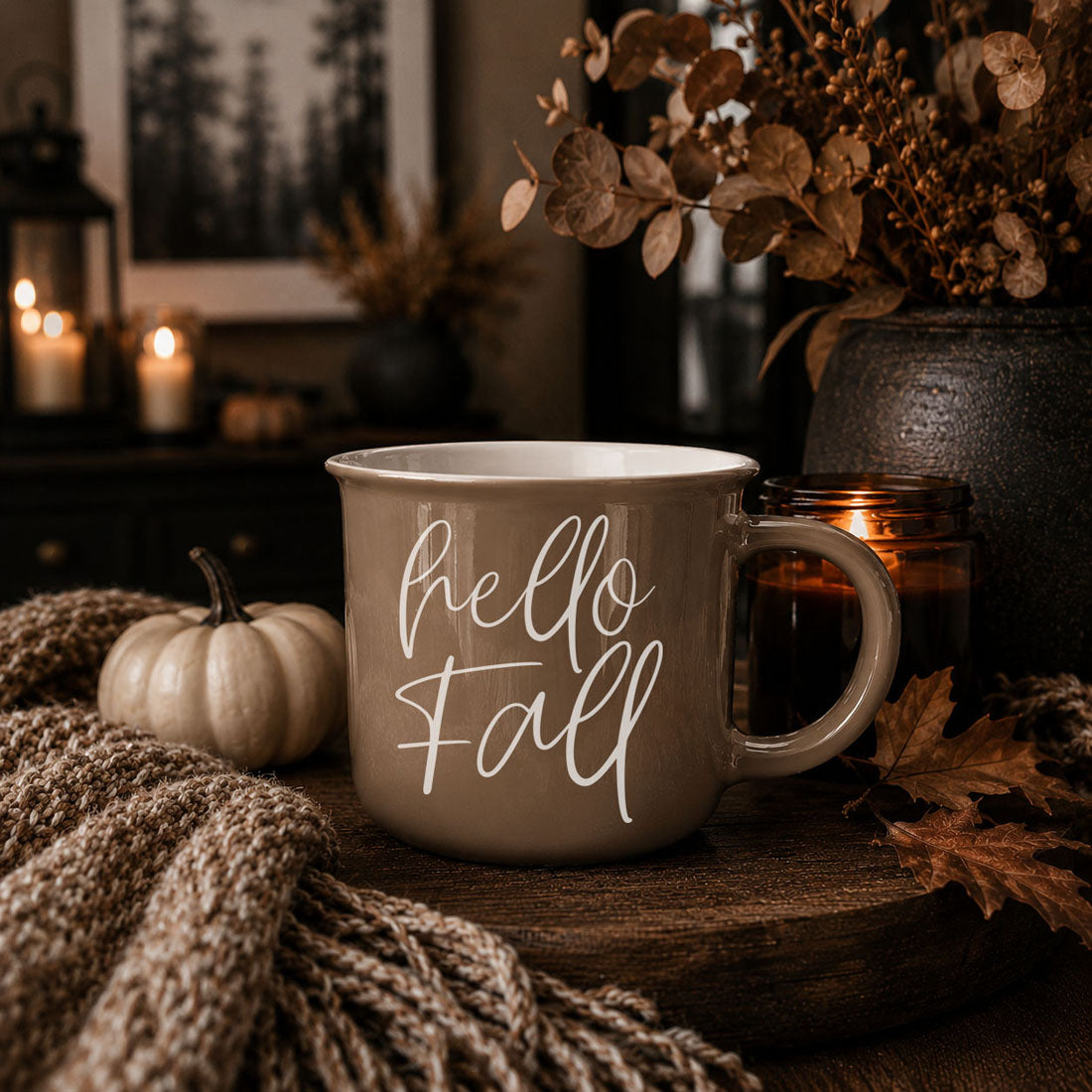 Hello Fall coffee mug Gia Roma taupe ceramic on Tampa Home & Garden Store