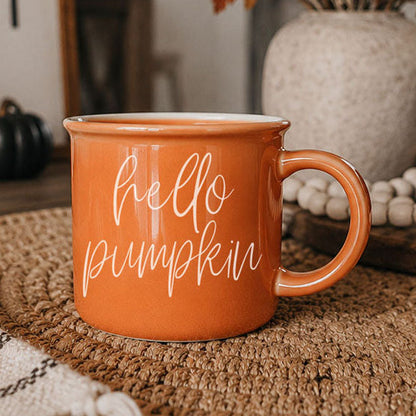 Hello Pumpkin coffee mug orange ceramic Gia Roma on Tampa Home & Garden Store