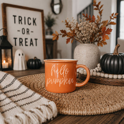Hello Pumpkin mug orange Gia Roma ceramic with white script hello pumpkin on Tampa Home & Garden Store