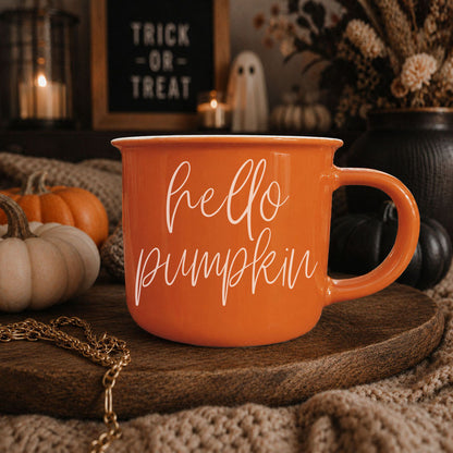 Hello Pumpkin coffee mug by Gia Roma in orange ceramic with white script on Tampa Home & Garden Store