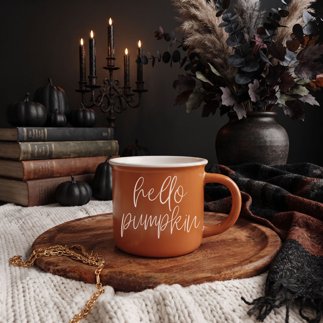 Hello Pumpkin mug Gia Roma, orange ceramic with white interior and script, on tray with decor on Tampa Home & Garden Store