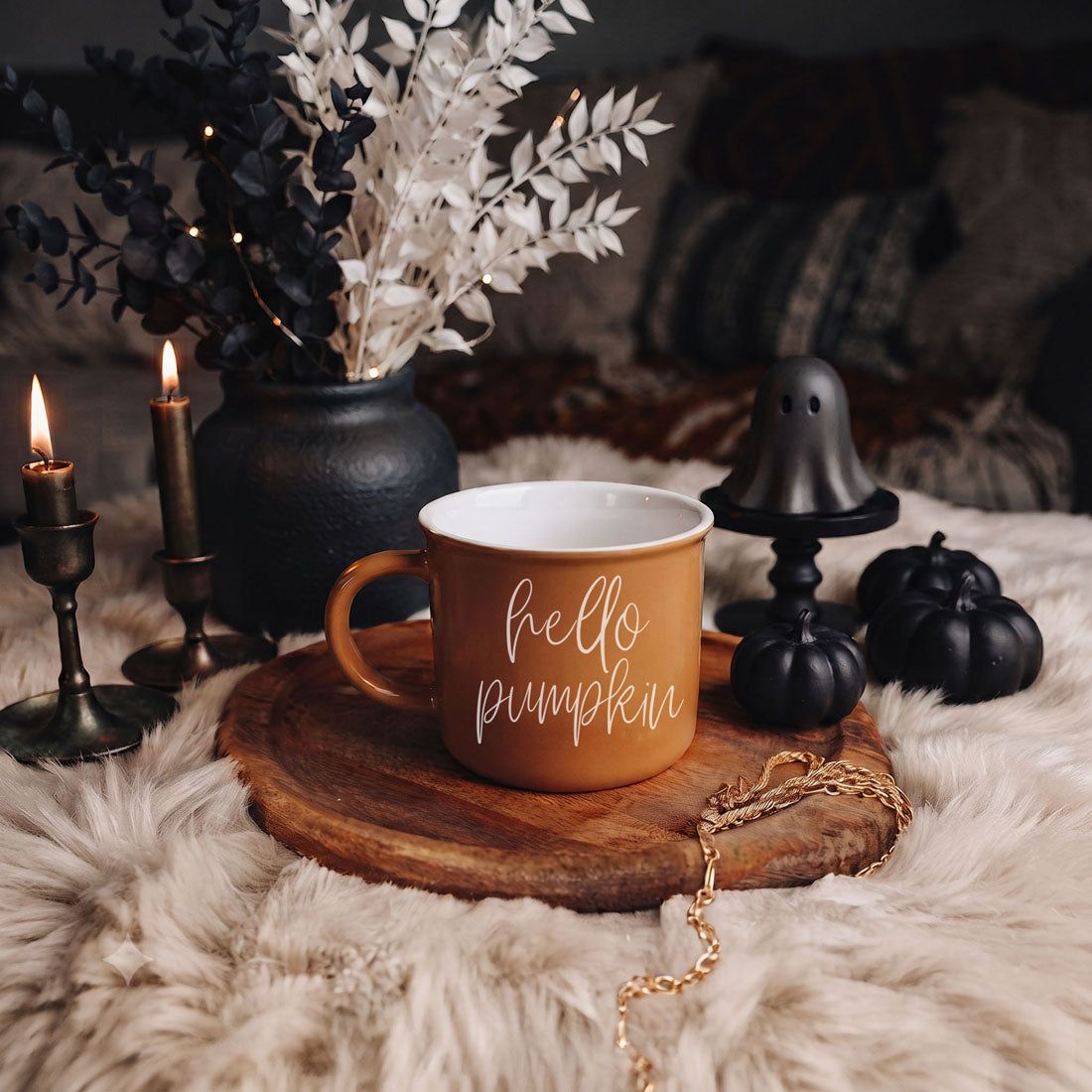 Hello Pumpkin mug orange ceramic coffee mug with white script on wooden tray with autumn decor on Tampa Home & Garden Store
