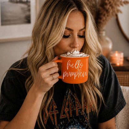 Coffee mug orange Gia Roma with hello pumpkin script topped with whipped cream on Tampa Home & Garden Store