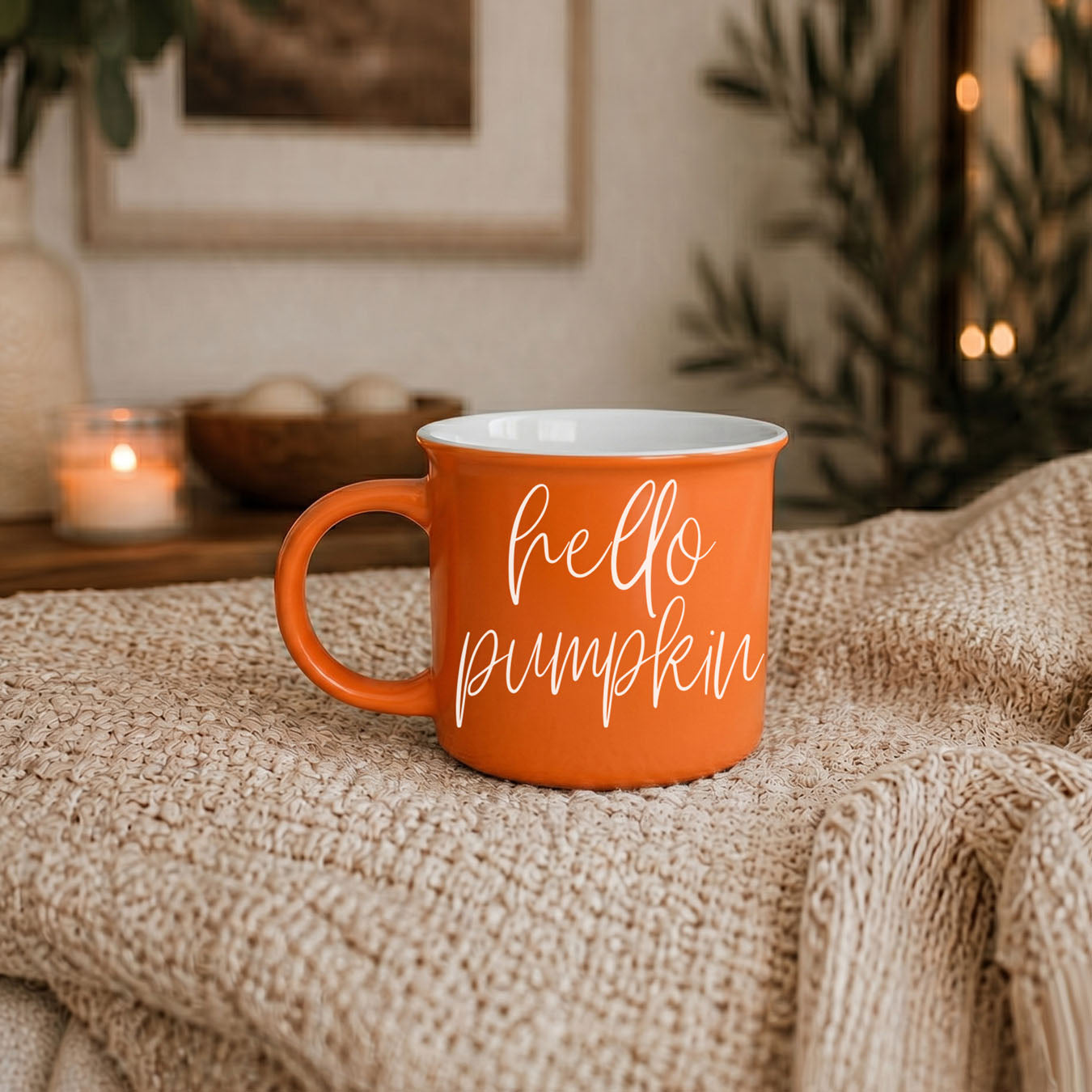 Hello Pumpkin coffee mug by Gia Roma, orange ceramic with white script on Tampa Home & Garden Store