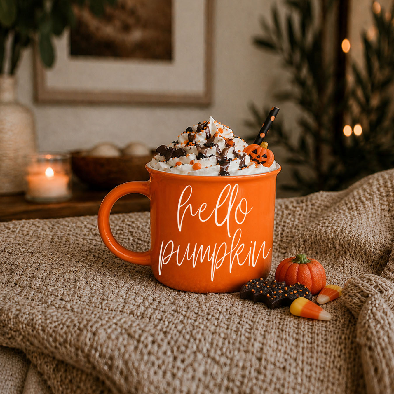 Hello Pumpkin mug by Gia Roma, orange ceramic coffee mug with whipped cream topping on Tampa Home & Garden Store