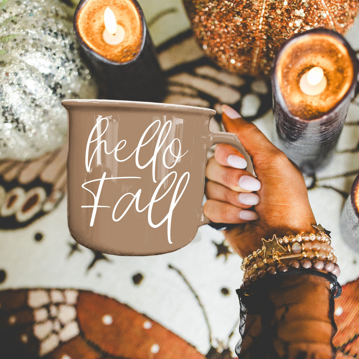 Hello Fall coffee mug by Gia Roma in taupe ceramic with white script text on Tampa Home & Garden Store