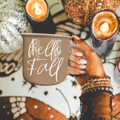 Hello Fall coffee mug by Gia Roma in taupe ceramic with white script text on Tampa Home & Garden Store