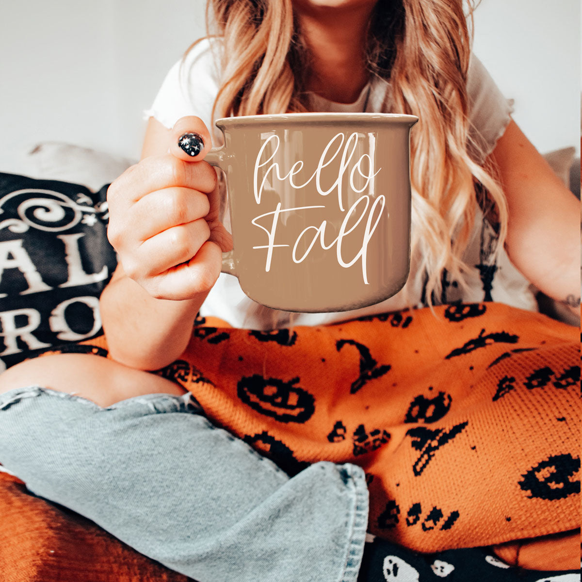 Hello Fall coffee mug by Gia Roma in taupe ceramic, white script on Tampa Home & Garden Store
