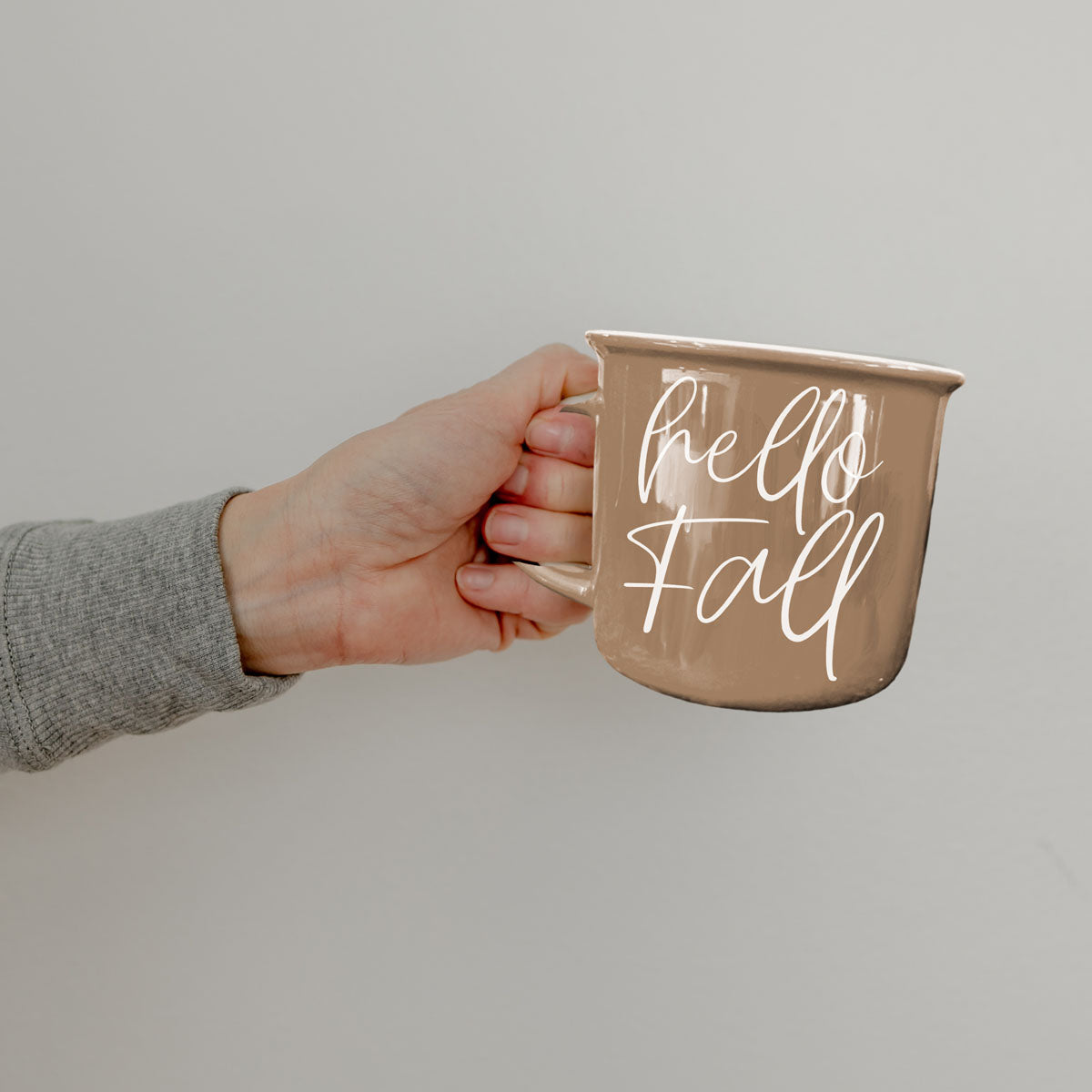 Hello Fall mug by Gia Roma, beige ceramic coffee mug with white script on Tampa Home & Garden Store