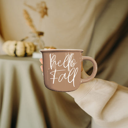 Hello Fall coffee mug by Gia Roma, pink ceramic mug with white cursive lettering on Tampa Home & Garden Store