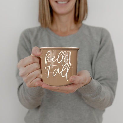 Hello Fall mug Gia Roma, tan ceramic coffee mug held in hands on Tampa Home & Garden Store