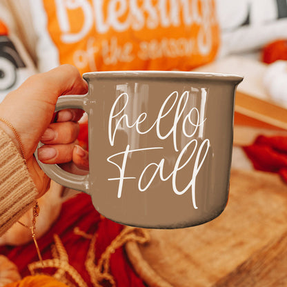 Hello Fall mug by Gia Roma featuring a taupe glossy finish on Tampa Home & Garden Store