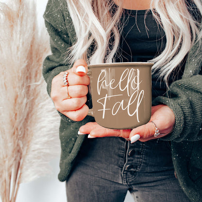 Hello Fall coffee mug by Gia Roma in taupe with white script on Tampa Home & Garden Store