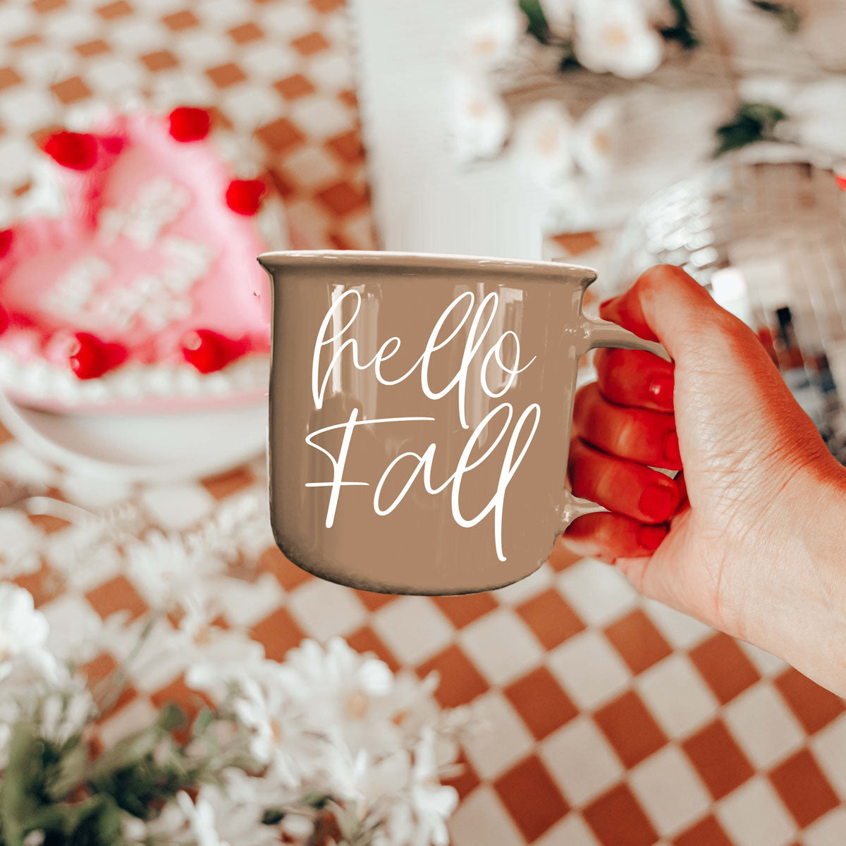 Coffee mug Gia Roma Hello Fall taupe ceramic mug held in hand on Tampa Home & Garden Store