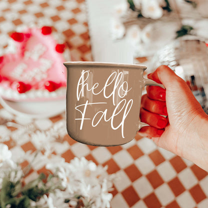Coffee mug Gia Roma Hello Fall taupe ceramic mug held in hand on Tampa Home & Garden Store