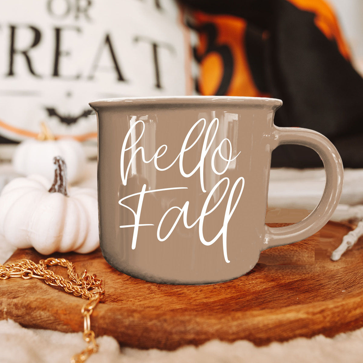 Hello Fall mug by Gia Roma, taupe ceramic coffee mug with white script on Tampa Home & Garden Store