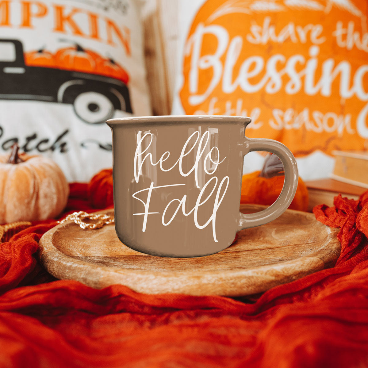 Hello Fall mug by Gia Roma in taupe ceramic with white script on Tampa Home & Garden Store