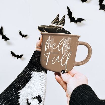 Hello Fall coffee mug Gia Roma brown ceramic with script hello Fall and a black witch hat lid on Tampa Home & Garden Store