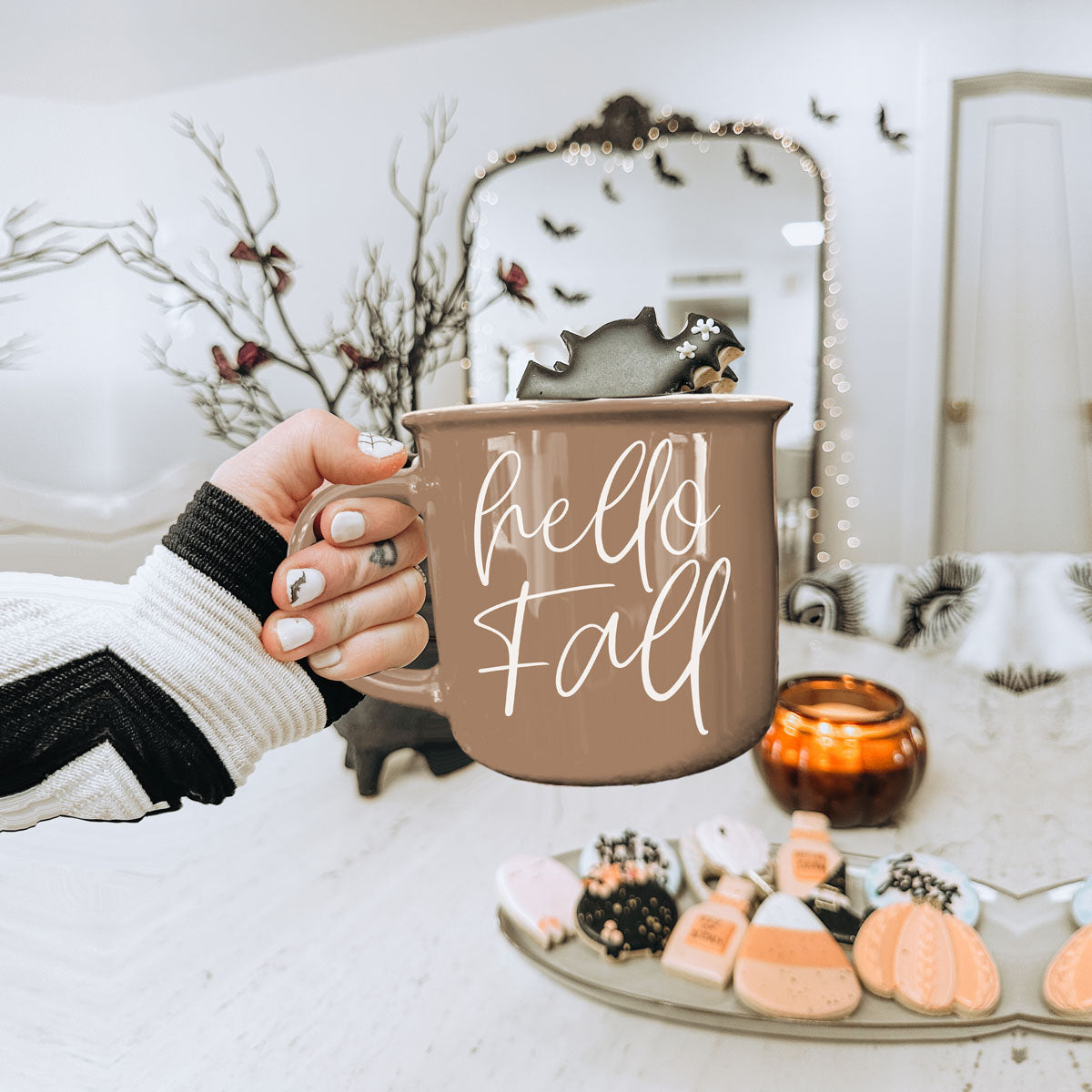 Hello Fall taupe coffee mug by Gia Roma with white script, striped sleeve on Tampa Home & Garden Store