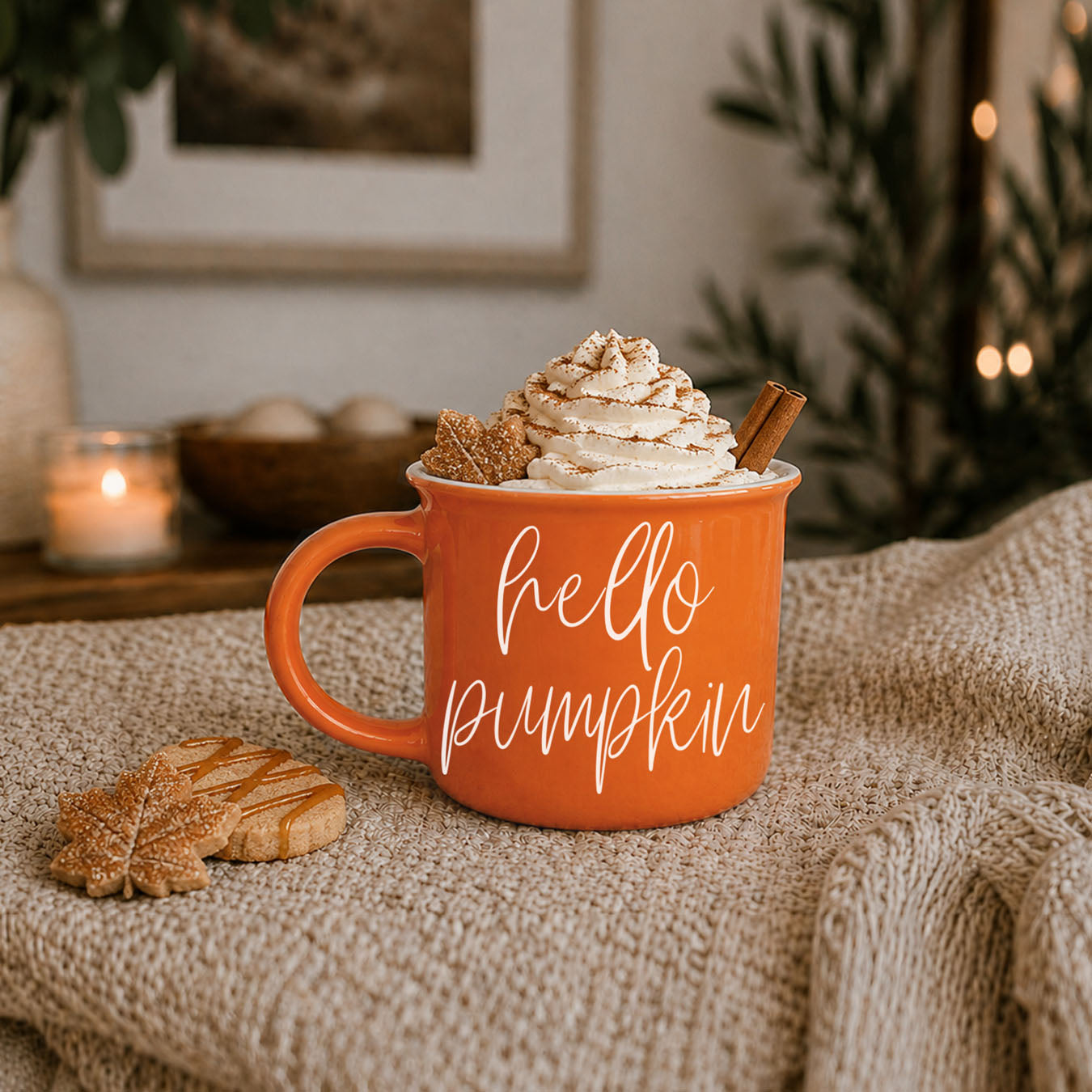 Hello Pumpkin mug by Gia Roma orange with whipped cream, cinnamon sticks and cookies on Tampa Home & Garden Store