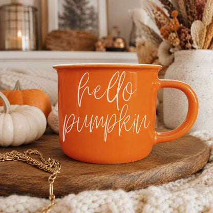 Hello Pumpkin mug by Gia Roma, orange ceramic coffee mug with white script on a wooden tray on Tampa Home & Garden Store