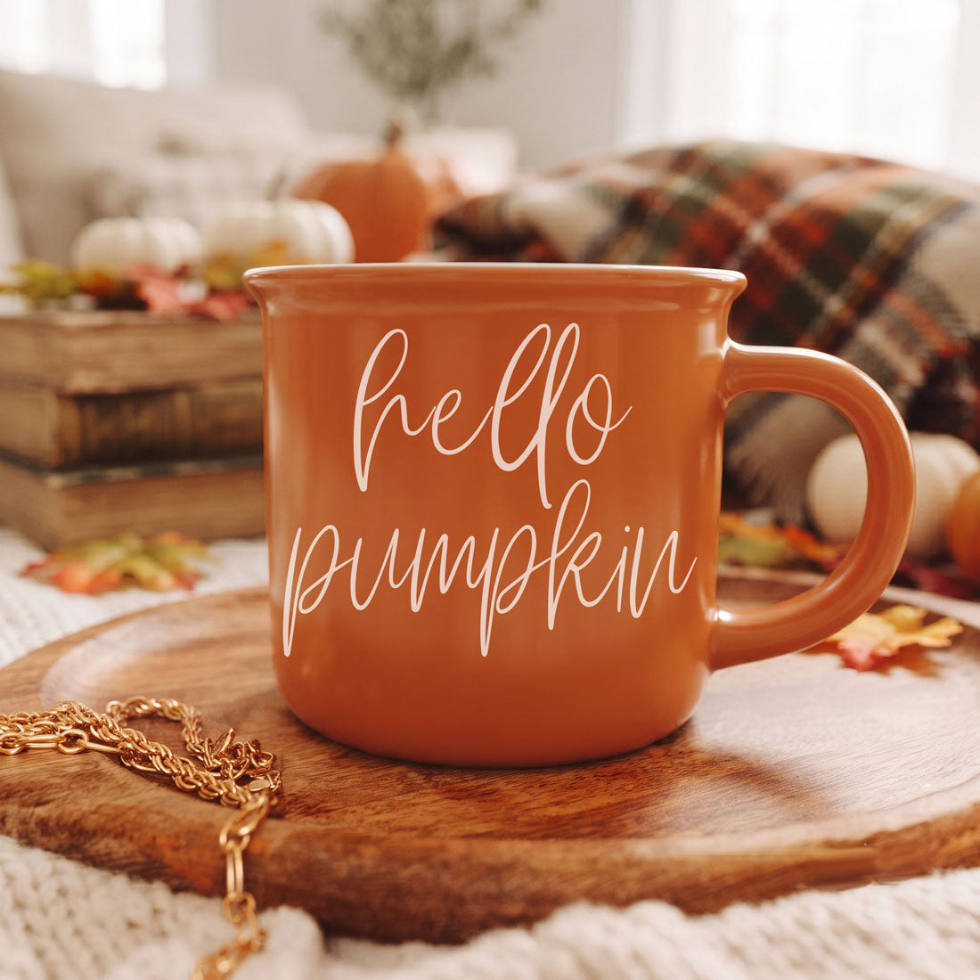 Hello Pumpkin coffee mug by Gia Roma in warm orange with white script on Tampa Home & Garden Store