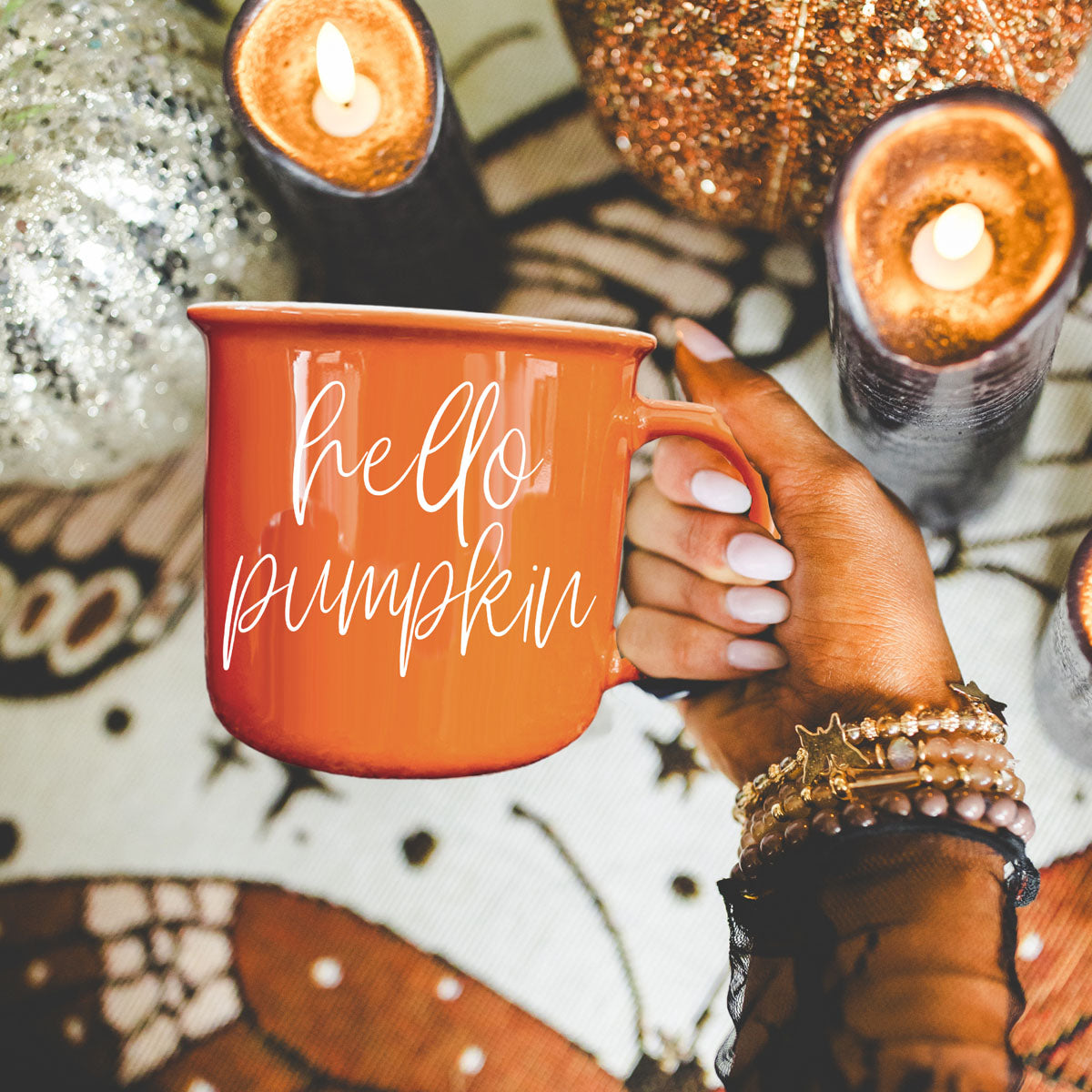 Hello Pumpkin coffee mug in glossy orange ceramic by Gia Roma with white script text on Tampa Home & Garden Store
