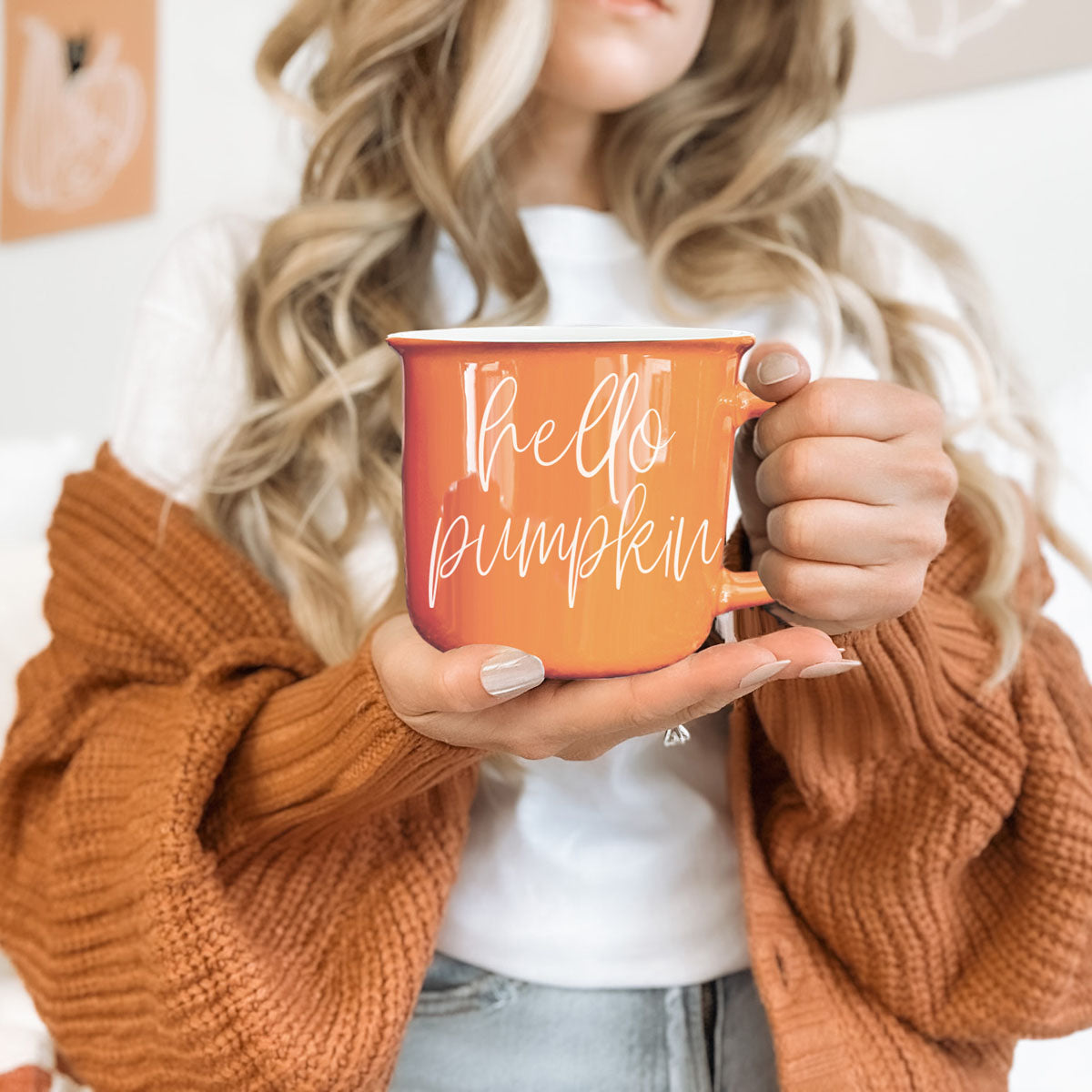 Hello Pumpkin coffee mug orange ceramic with white script by Gia Roma on Tampa Home & Garden Store