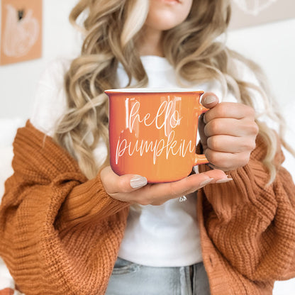 Hello Pumpkin coffee mug orange ceramic with white script by Gia Roma on Tampa Home & Garden Store