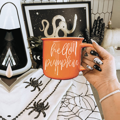 Hello Pumpkin coffee mug Gia Roma orange ceramic with white script on Tampa Home & Garden Store