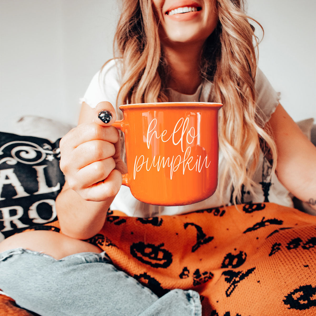 Hello Pumpkin coffee mug in bright orange with white script by Gia Roma on Tampa Home & Garden Store