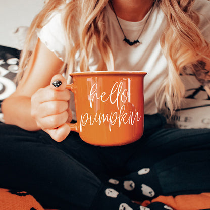 Hello Pumpkin coffee mug by Gia Roma, orange ceramic mug with white script on Tampa Home & Garden Store