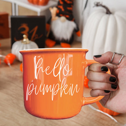 Hello Pumpkin coffee mug orange Gia Roma with white script text on Tampa Home & Garden Store