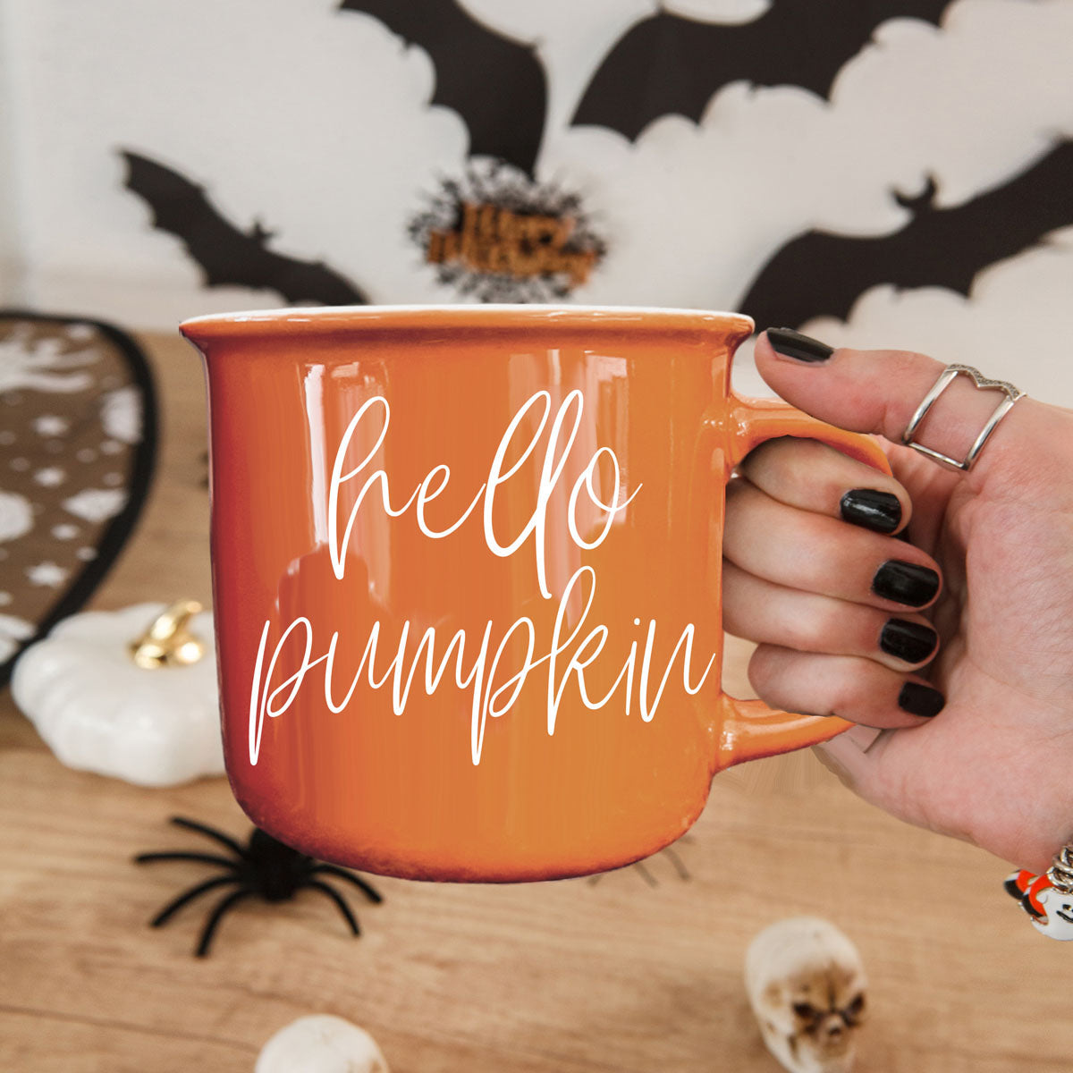 Hello Pumpkin coffee mug, orange ceramic with white script hello pumpkin on Tampa Home & Garden Store