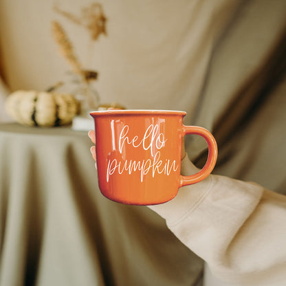 Hello Pumpkin coffee mug by Gia Roma, orange ceramic with white script on Tampa Home & Garden Store