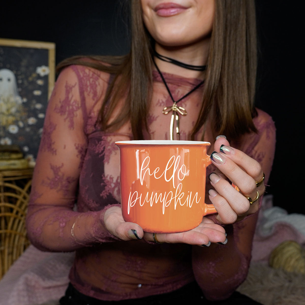 Hello Pumpkin coffee mug, Gia Roma orange ceramic mug with white script hello pumpkin on Tampa Home & Garden Store