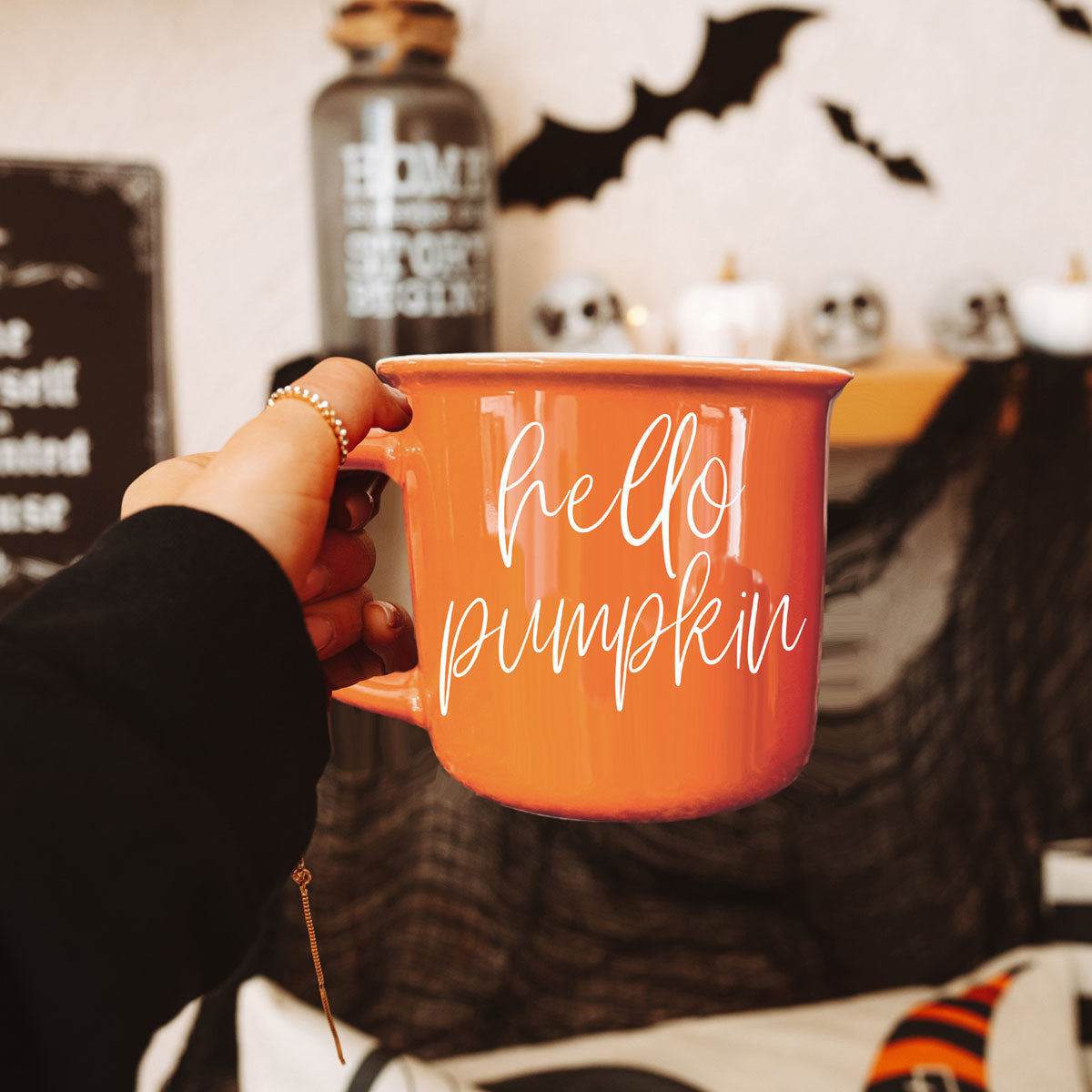 Hello Pumpkin mug, orange ceramic by Gia Roma with white script on Tampa Home & Garden Store