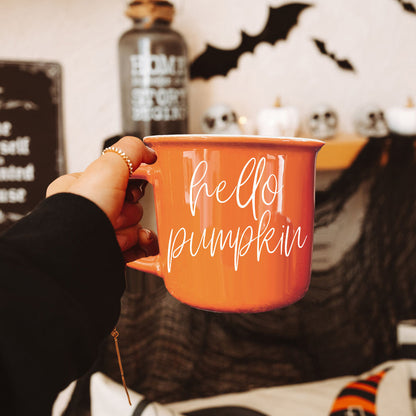 Hello Pumpkin mug, orange ceramic by Gia Roma with white script on Tampa Home & Garden Store