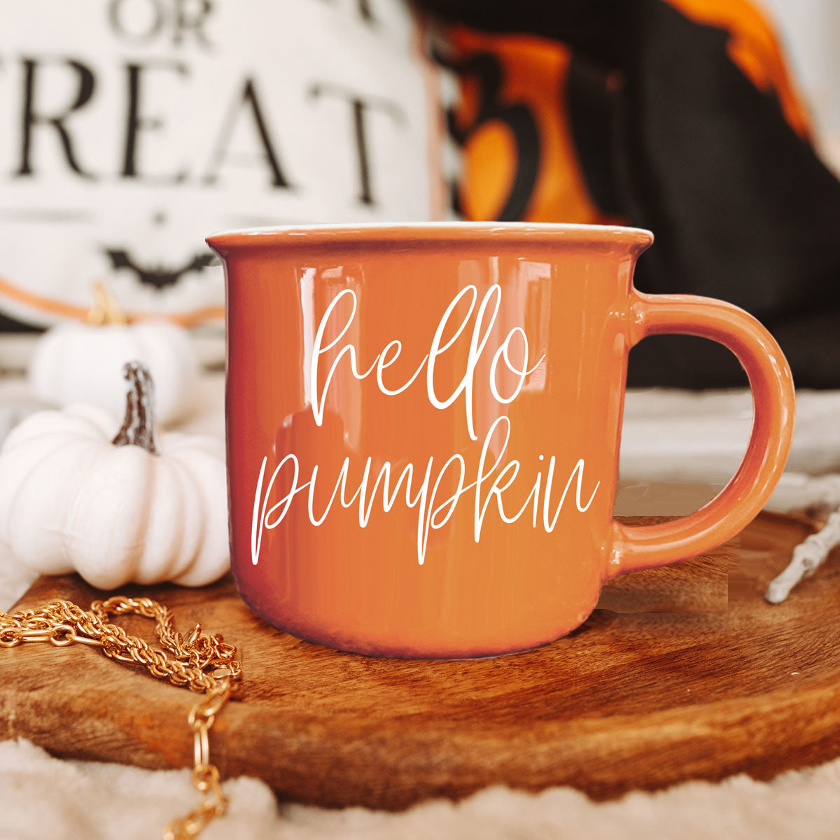 Hello Pumpkin coffee mug orange ceramic by Gia Roma with white script on Tampa Home & Garden Store