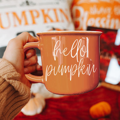 Hello Pumpkin mug by Gia Roma, orange ceramic coffee mug with white script on Tampa Home & Garden Store