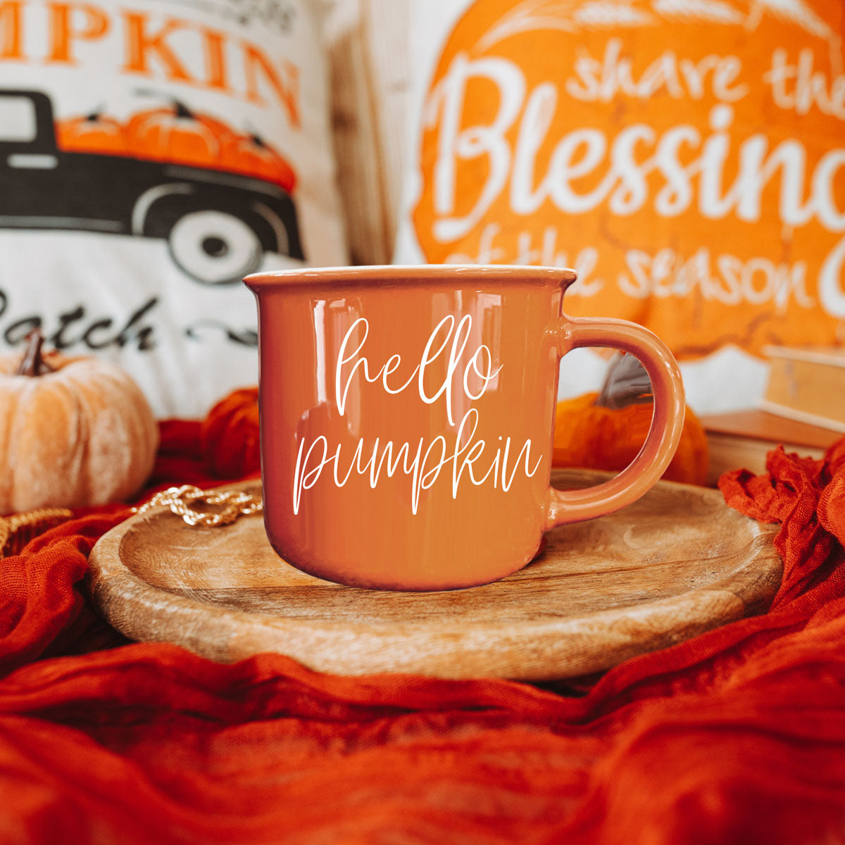 Hello Pumpkin mug by Gia Roma, orange ceramic coffee mug on Tampa Home & Garden Store