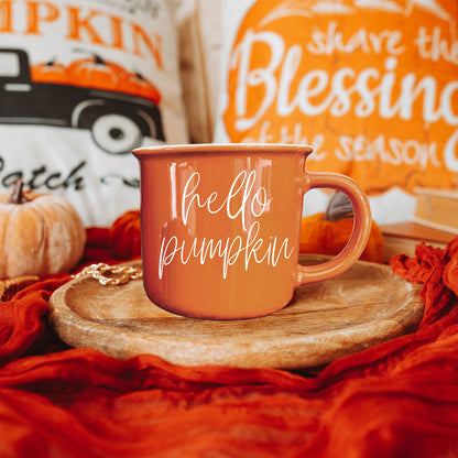 Hello Pumpkin mug by Gia Roma, orange ceramic coffee mug on Tampa Home & Garden Store
