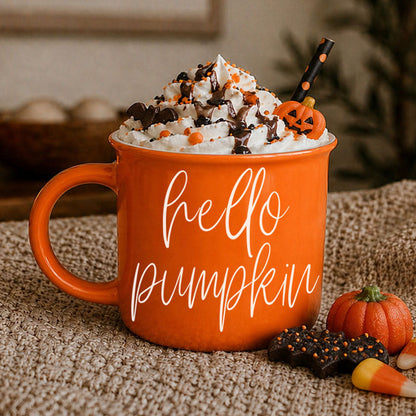 Hello Pumpkin coffee mug by Gia Roma, orange ceramic mug with white script and whipped cream on Tampa Home & Garden Store