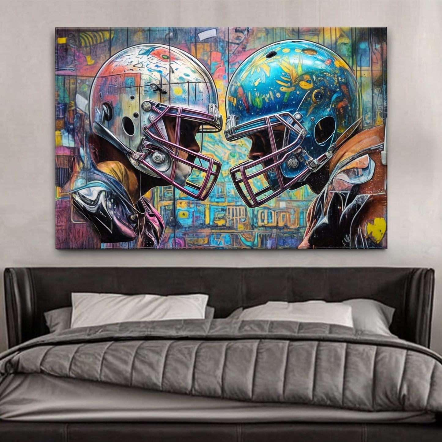 Helmet Clash - Sport Wall Art canvas: two football helmets facing Tailored Canvases on Tampa Home & Garden Store